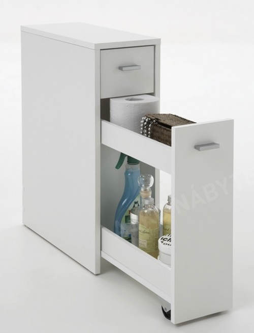 Úzká koupelnová skříňka s výsuvnými přihrádkami a malou zásuvkou